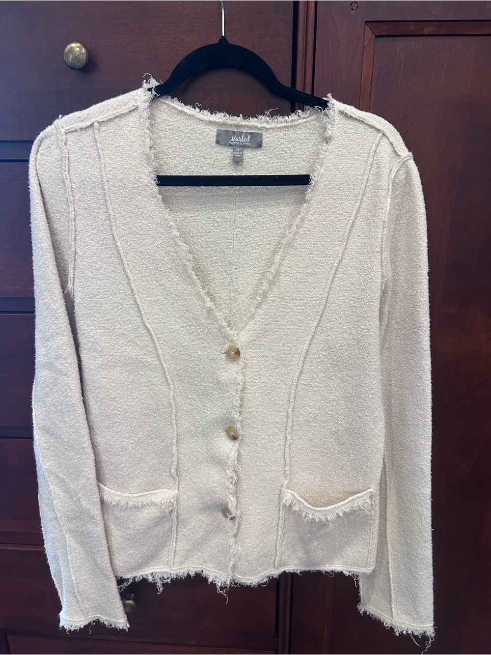 Marled Cream Frayed-Edge V-Neck Cardigan